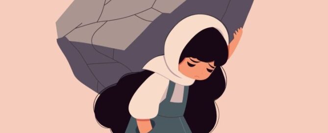 child carrying large rock on her back