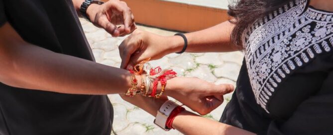 woman tying rakhi on man's wrist